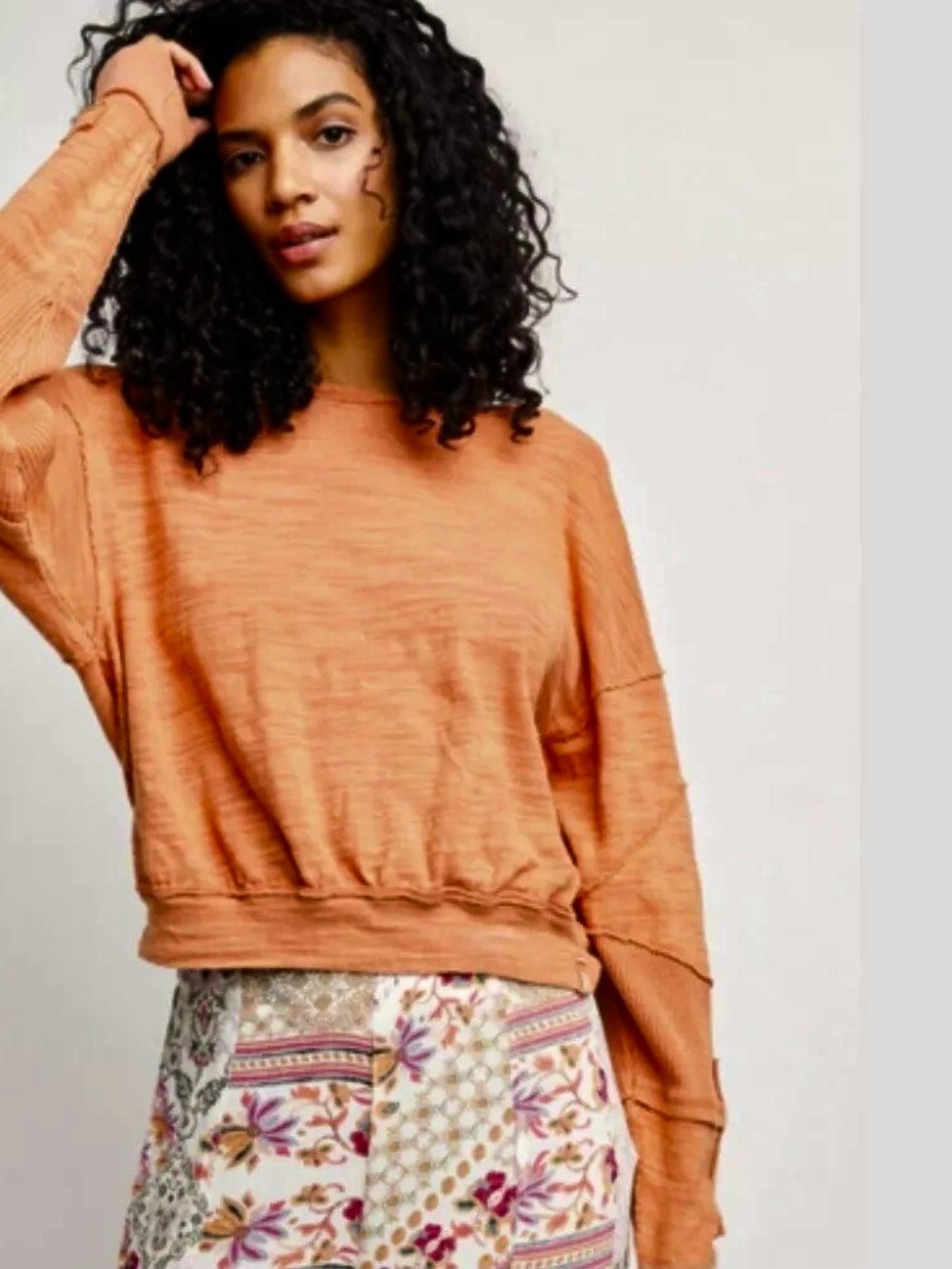 Free People We The Free 5-Star Long Sleeve Patchwork Tee Sweet Cinnamon small